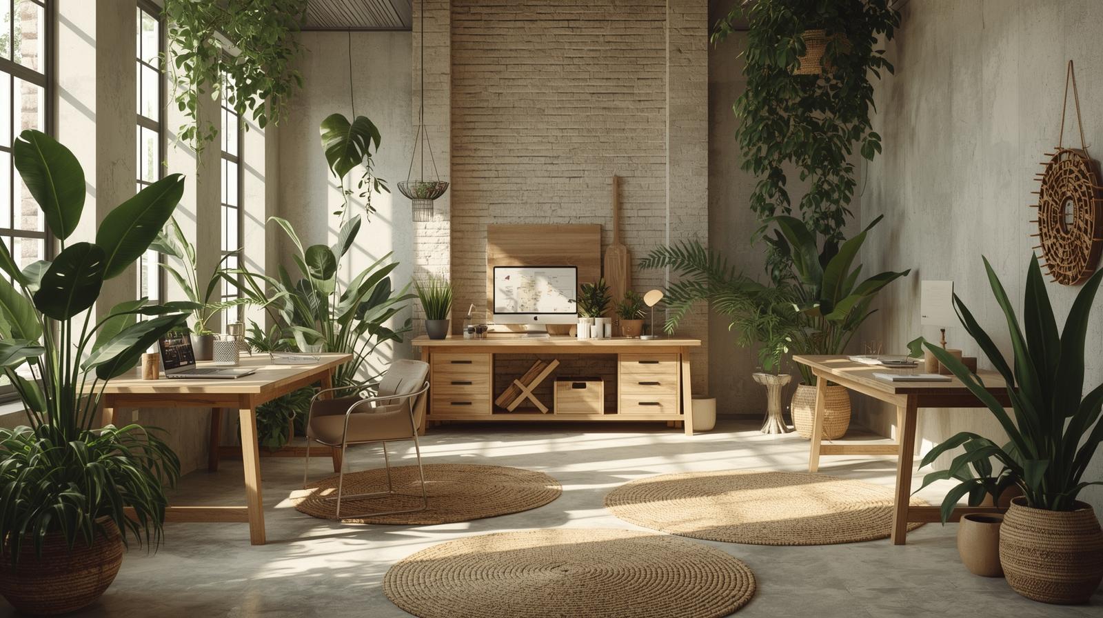 Kreativ workspace med planter og naturlige materialer